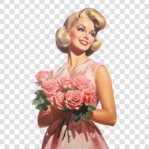 Vintage woman holding pink roses