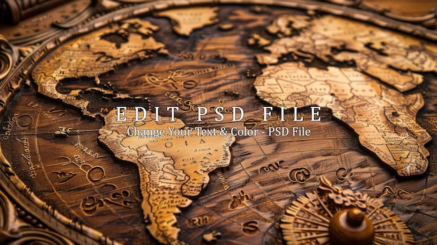 PSD vintage wooden carved world map