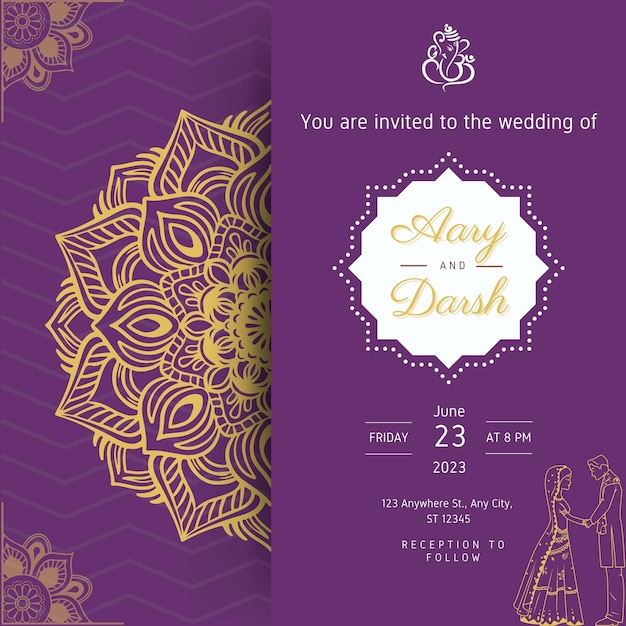 PSD violet and gold hindu wedding invitation instagram post card