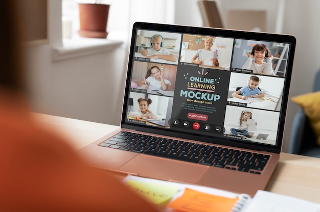 Virtual classroom and study with laptop mockup