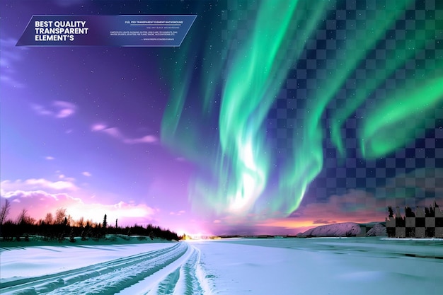 Vivid Aurora Borealis Over Snowy Landscape on Transparent Background