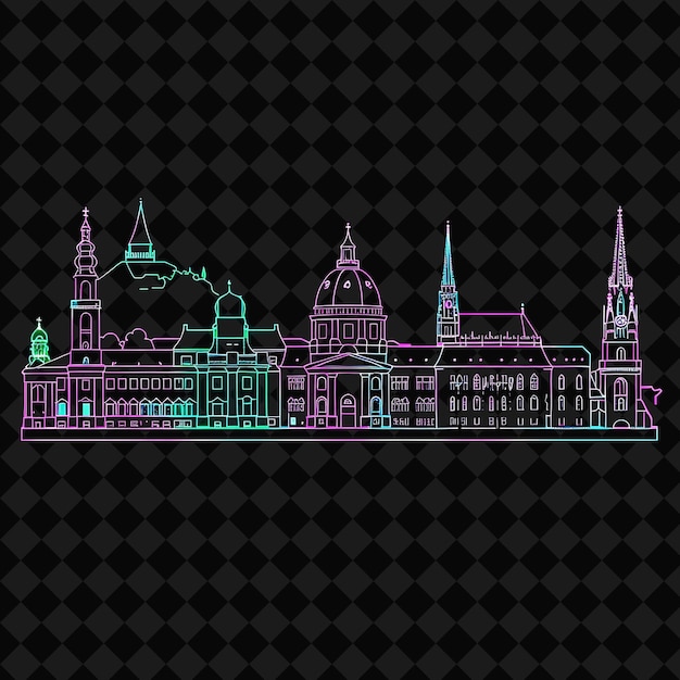 PSD vivid neon vienna cityscape within a silhouette rectangle la png y2k monoline cityscape collage art