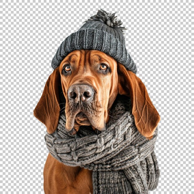 Vizsla dog with winter hat and scarf isolated on transparent background