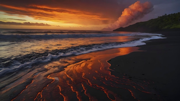 PSD volcanic beach at sunset