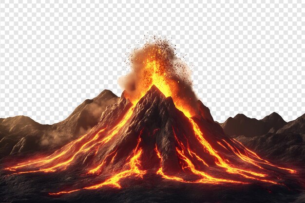 PSD volcano eruption with flowing lava isolated on a transparent background