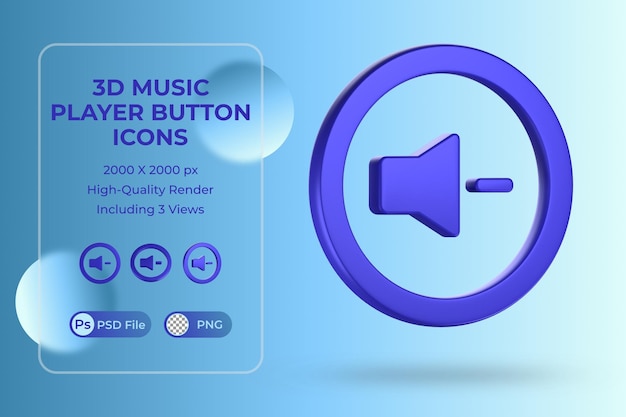 volume down button in 3d illustration or Icon for music player