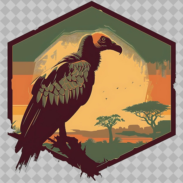 PSD vulture inside a silhouette hexagon savannah adorned with a png watercolor animal designs