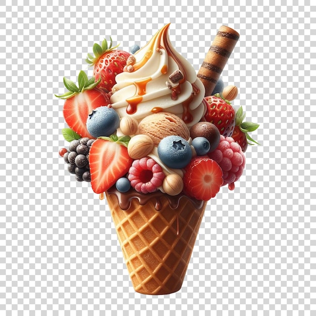 Waffle cone Ice cream with berries on transparent background