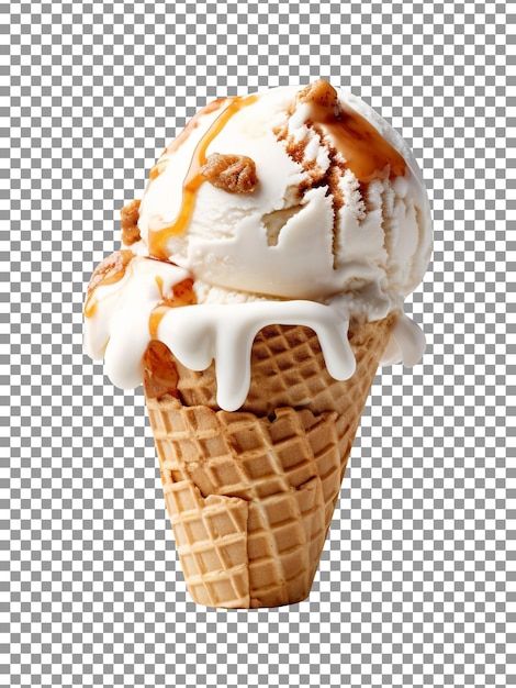 Waffle cone with a scoop of vanilla ice cream on transparent background