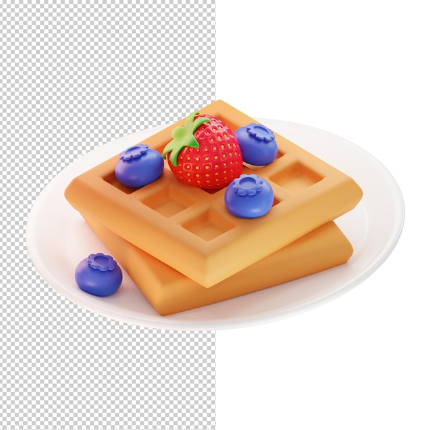 Waffles on a plate with strawberries and blueberries trendy isometric illustration 3D rendering