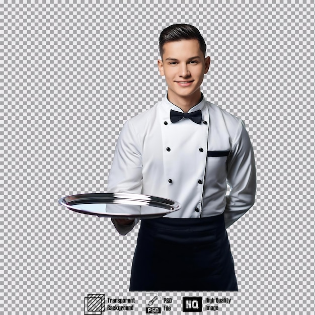 PSD waiter in a restaurant uniform holding a tray standing and facing forward