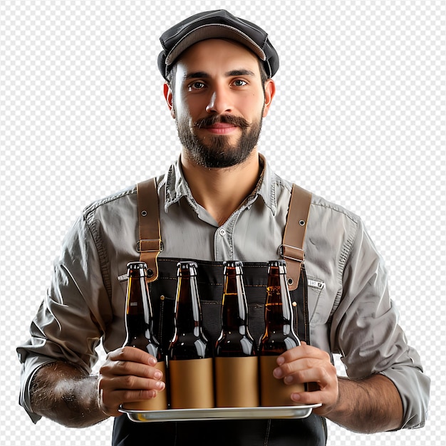 PSD waiter with beer bottles on the tray on isolated transparent background