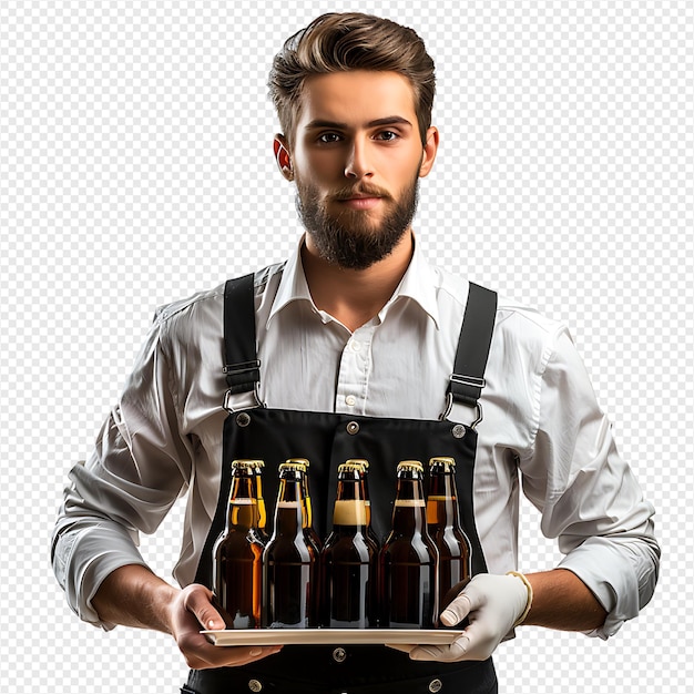 PSD waiter with beer bottles on the tray on isolated transparent background