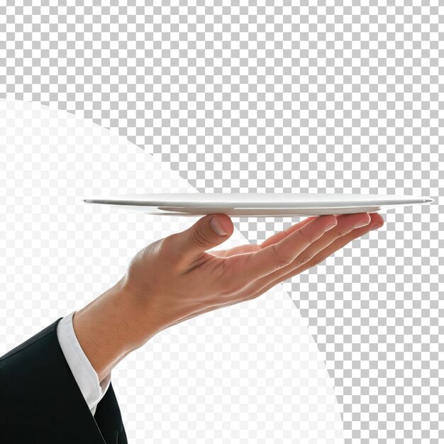 PSD waiters hand holding empty plate on transparent background