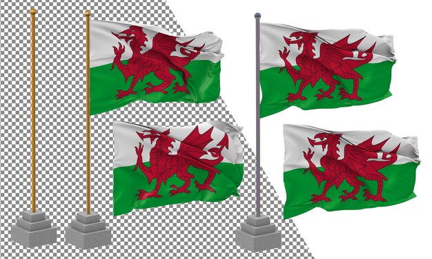 Wales Flag Waving Different Style With Stand Pole Isolated 3D Rendering