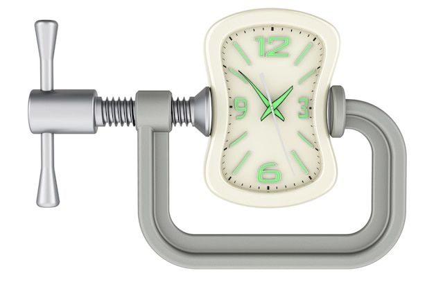 Wall clock squeezed in a clamp concept 3D rendering isolated on transparent background