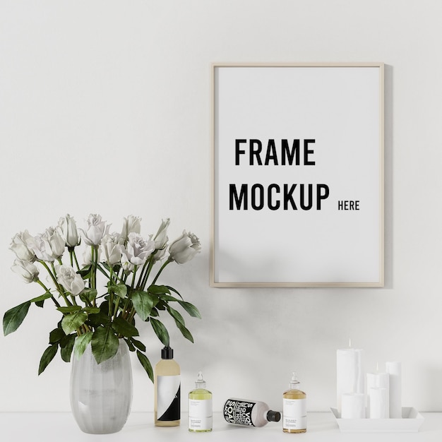 Wall frame mockup with white roses in scene