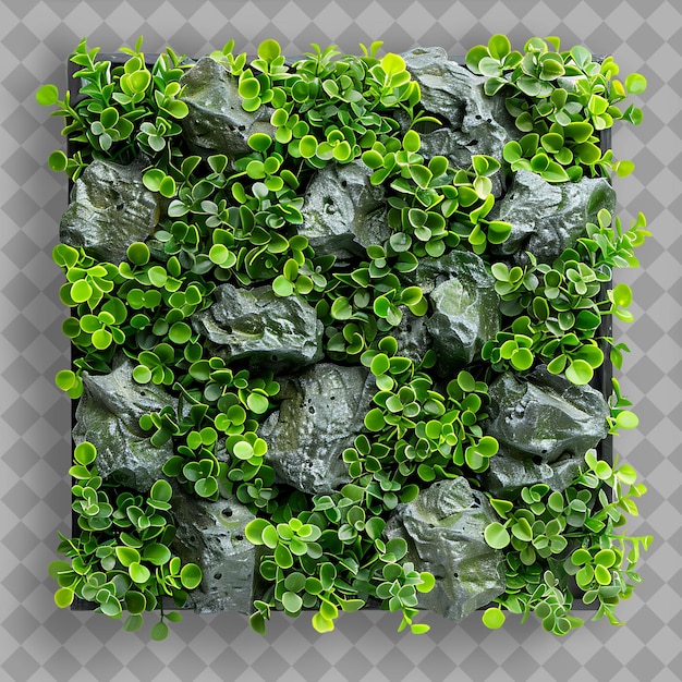 PSD a wall of green plants with a stone background