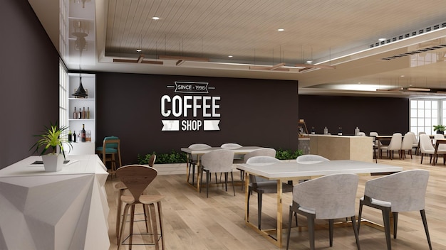 wall logo mockup in the coffee shop with wooden table and chair