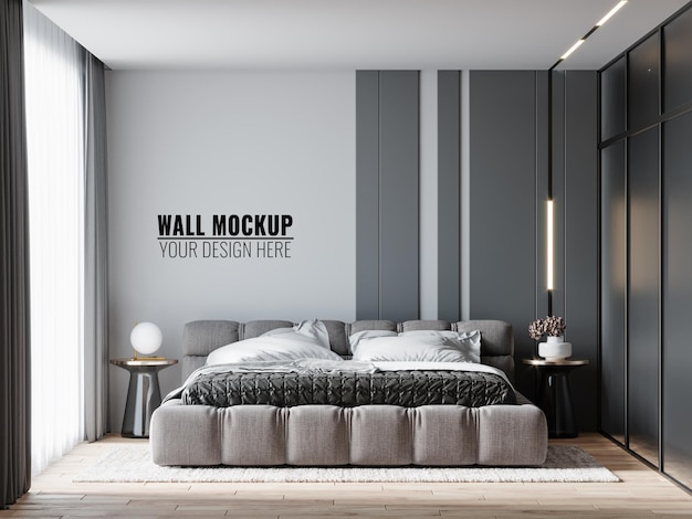 Wall mockup in bedroom interior