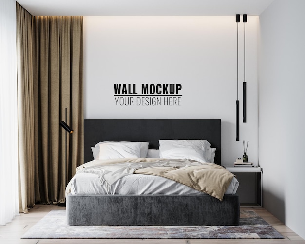 Wall mockup in bedroom interior