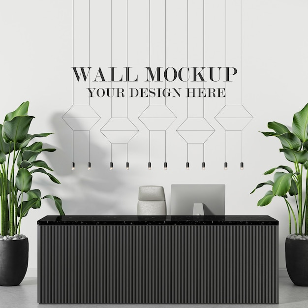 PSD wall mockup behind black reception desk