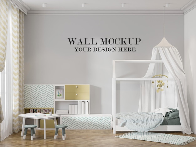 wall mockup child room in interior with white tent bed