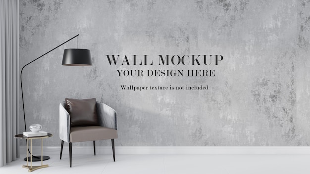 Wall mockup design behind floor lamp and chair