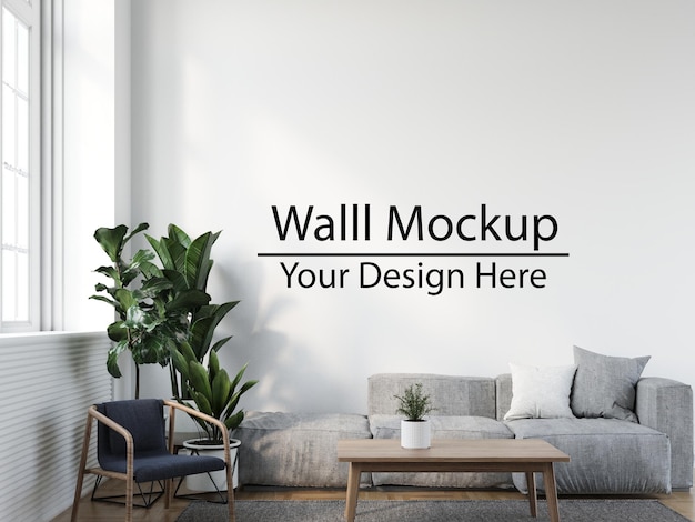 Wall Mockup in modern interior background, living room, Scandinavian style, 3D render