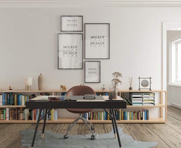 wall mockup and poster frame mockup in modern study room interior