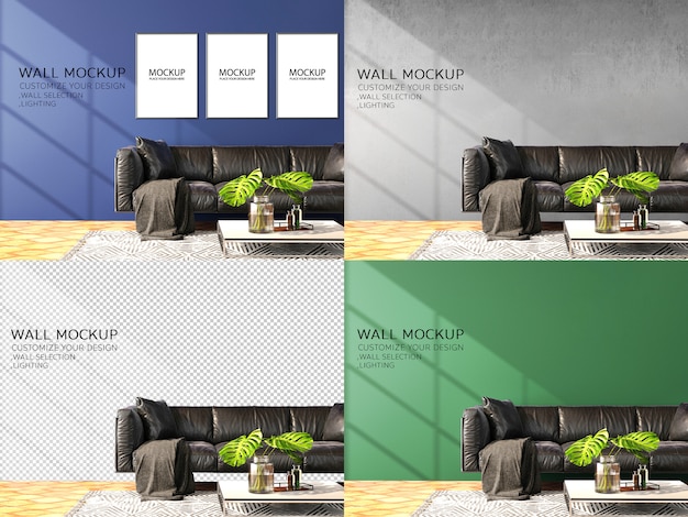 Wall mockup with leather sofa and wooden floor in modern style