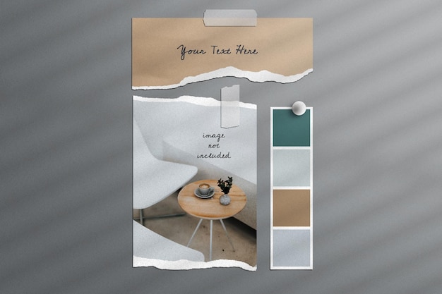 Wall mood board mockup with torn photo frame card collage paper palette set scene generator isolated