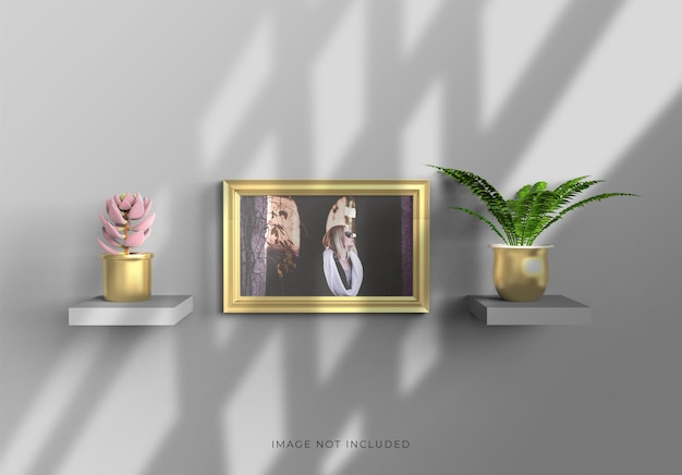 Wall photo frame realistic mockup with flower tree