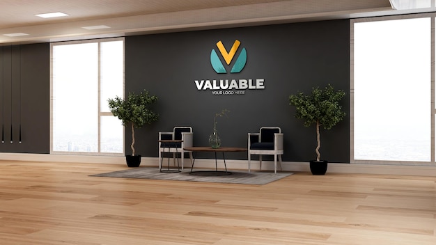 wall sign logo mockup in the office lobby waiting room with sofa