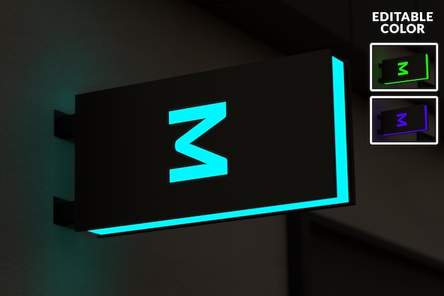 Wall signage logo mockup neon box style with night light