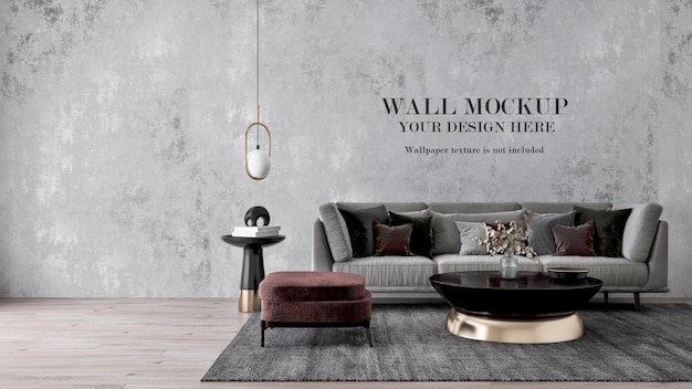 Wall template behind modern grey sofa