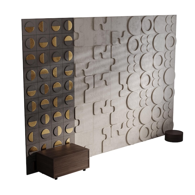 A wall with a gold border and a white background The wall is made of different shapes and sizes of circles