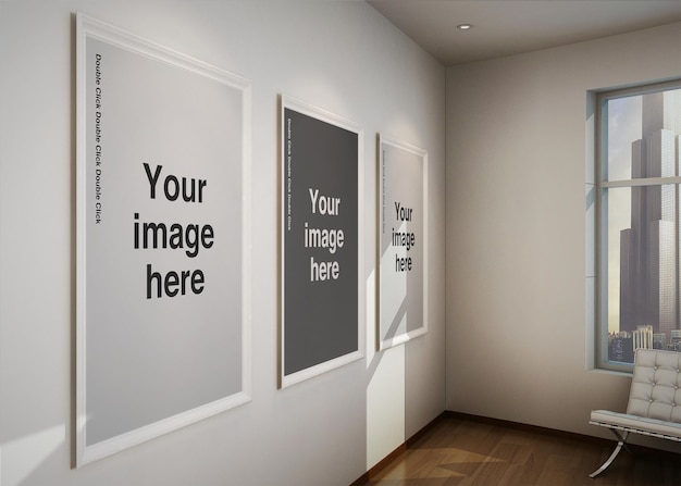 A wall with posters on it that says your image here.