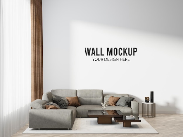 A wall with a wall of grey couches and a white sign that says wall your design.