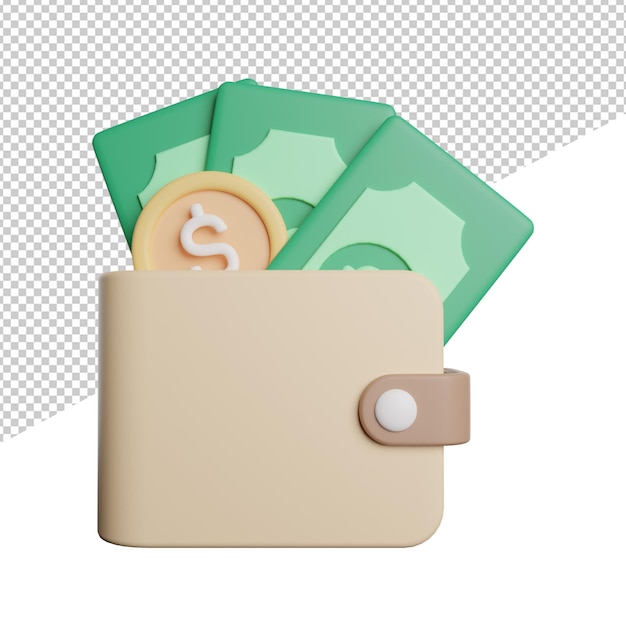 Wallet Money Cash front view 3d rendering icon illustration on trasnparent background