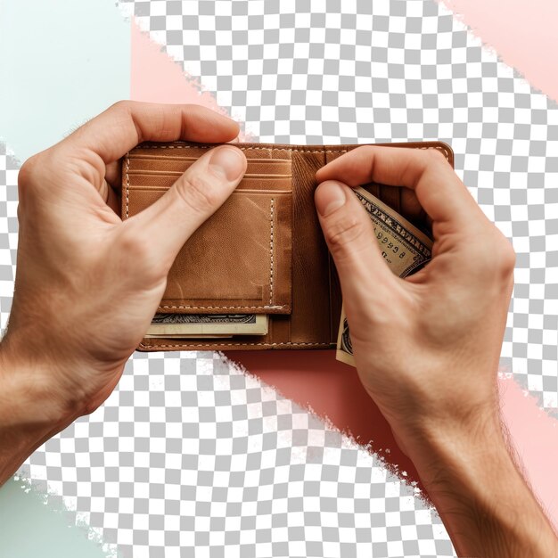 a wallet with a mans hands holding a wallet that has a brown leather wallet on it