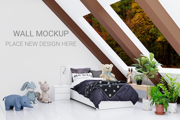 Wallpaper mockup in a children attic bedroom 3d rendered illustration