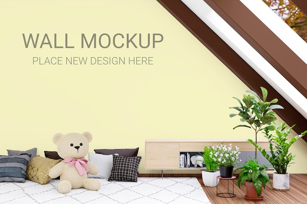 Wallpaper mockup in a children attic playroom 3d rendered illustration