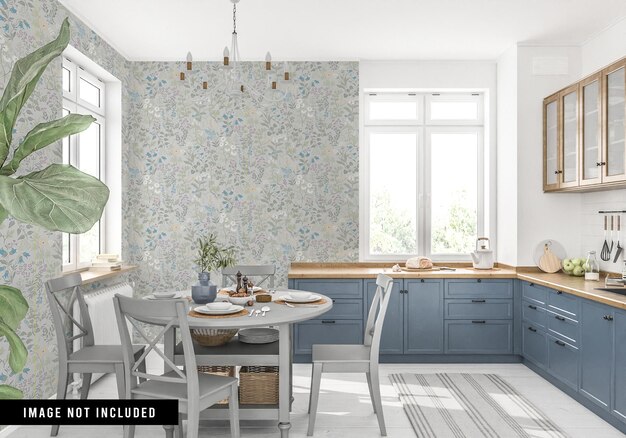 PSD wallpaper mockup in scandinavian kitchen interior