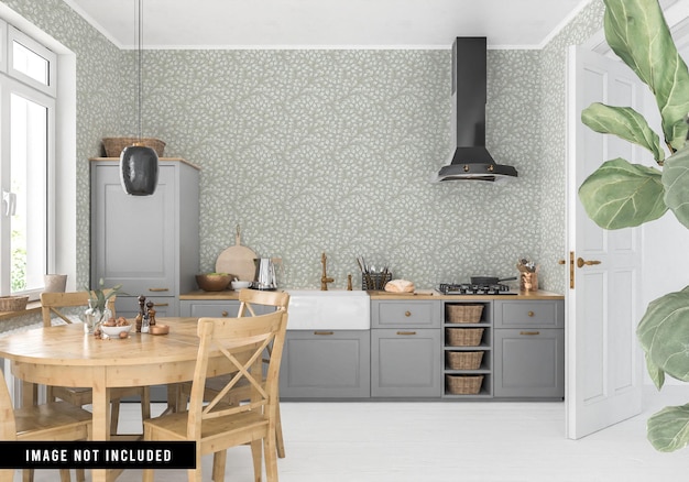 Wallpaper mockup in Scandinavian kitchen interior