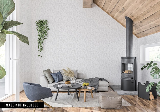 Wallpaper mockup in Scandinavian living room with fireplace