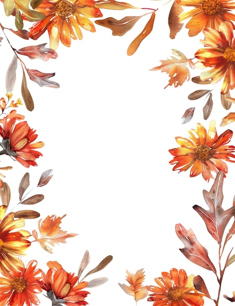 PSD warm frame with sunflowers and autumn leaves isolated on a white background