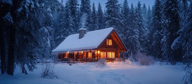 PSD a warmly lit log cabin with a snowcovered roof and icicles surrounded by a peaceful snowfilled forest at dusk ar 167 v 61 job id 1fc4cf2a1c104e8eb1c75f043491a9d4