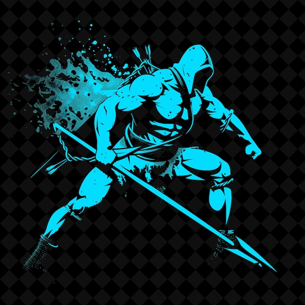 a warrior with a sword and a shield with a blue background