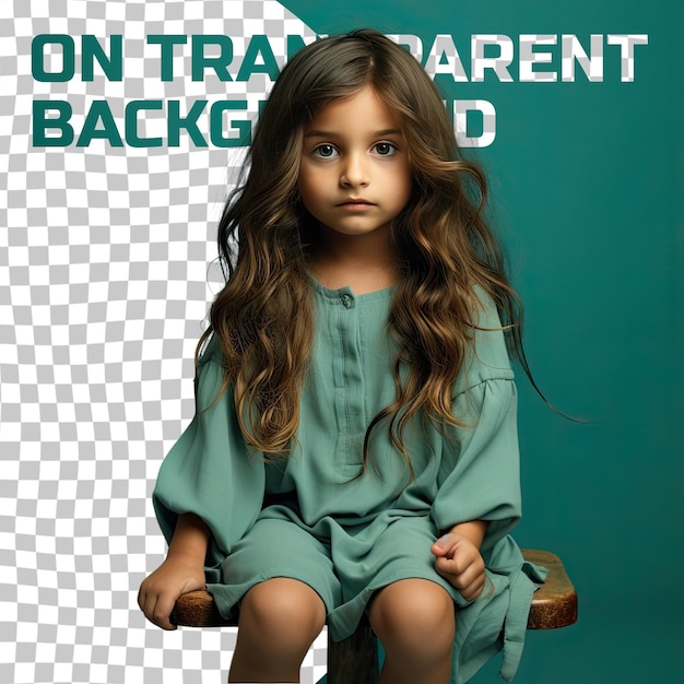 A Wary Toddle girl with Long Hair from the West Asian ethnicity dressed in Producer attire poses in a Seated with One Hand Raised style against a Pastel Teal background